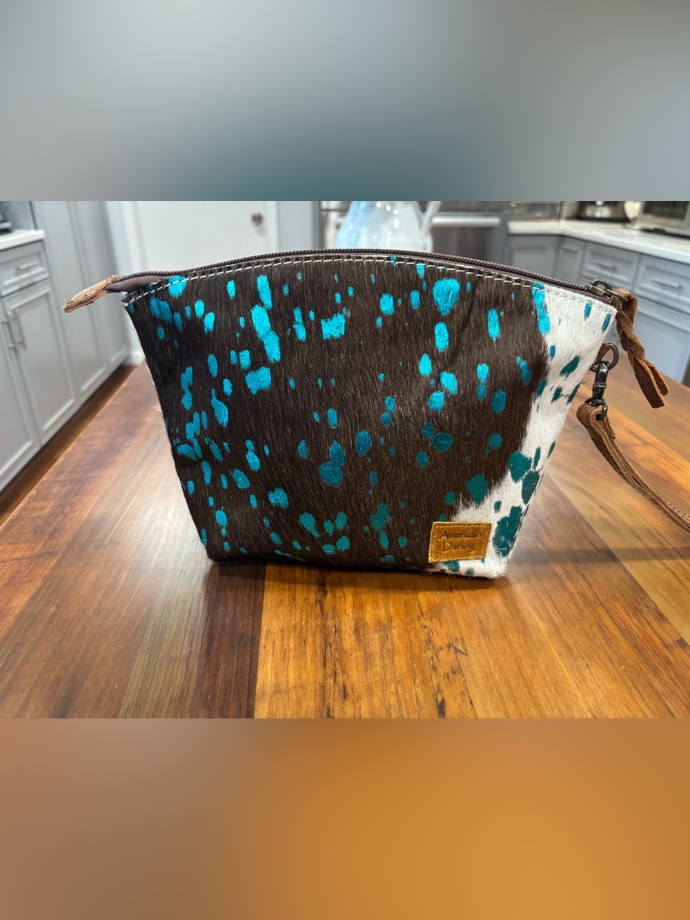 American Darling Cow Print Cowhide Leather Clutch Turquoise & Brown Accents